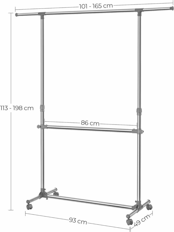 RESIGILAT: SONGMICS Suport pentru haine cu sina superioara extensibila, pe roti, reglabil in inaltime 113-198cm, argintiu - Image 7