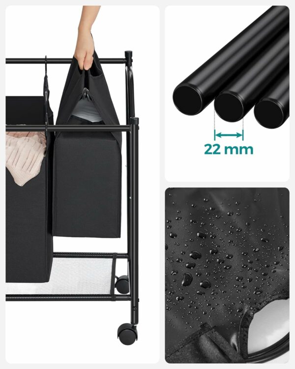 (DL) SONGMICS Cos de rufe cu 4 saci detasabili, structura metalica pe roti, 4x35L, 87x38x81cm, negru - Image 7