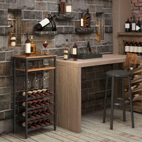 VASAGLE Raft pentru vinuri, capacitate 20 de sticle, cu suport pentru pahare, stil industrial, 50x32x100cm, maro rustic si negru - Image 7