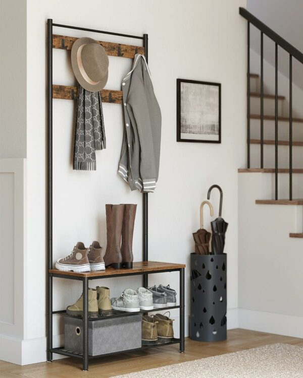 VASAGLE Cuier pentru haine cu banc de depozitare a pantofilor, cadru din otel, 32x70x177cm, industrial, maro rustic si negru - Image 9
