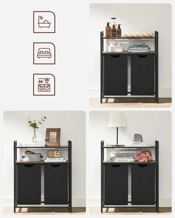 VASAGLE Cos de rufe, cu 2 saci detasabili, 2 rafturi, capacitate de 46L per sac, 73x33x72cm , maro rustic si negru - Image 3