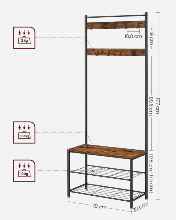 VASAGLE Cuier pentru haine cu banc de depozitare a pantofilor, cadru din otel, 32x70x177cm, industrial, maro rustic si negru - Image 3