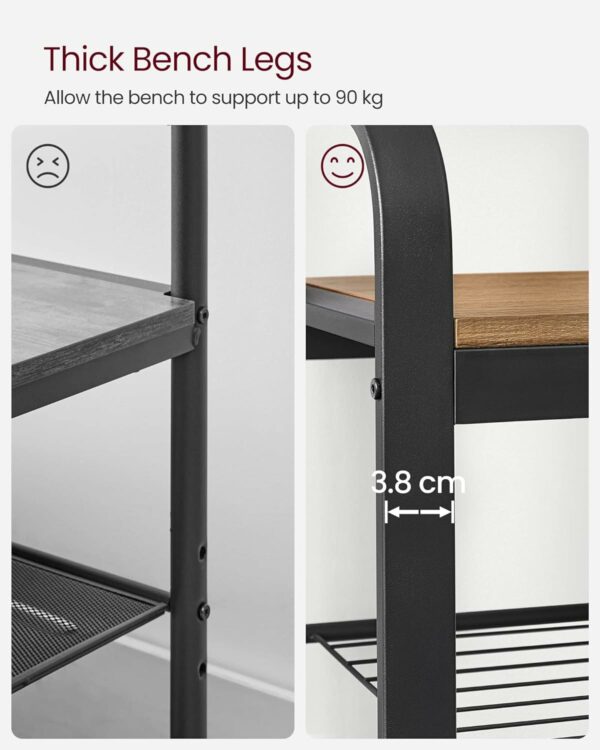 VASAGLE Cuier pentru haine, cu banc de depozitare a pantofilor, cu 9 carlige detasabile, o sina pentru haine, 34x72x183cm, industrial, nuc rustic si negru - Image 4