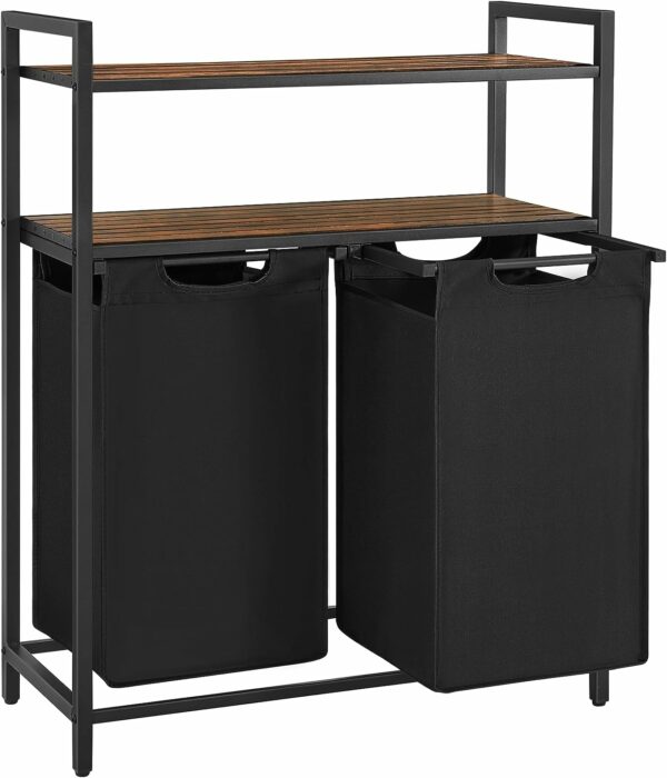 VASAGLE Cos de rufe, cu 2 saci detasabili, 2 rafturi, capacitate de 46L per sac, 73x33x72cm , maro rustic si negru - Image 4