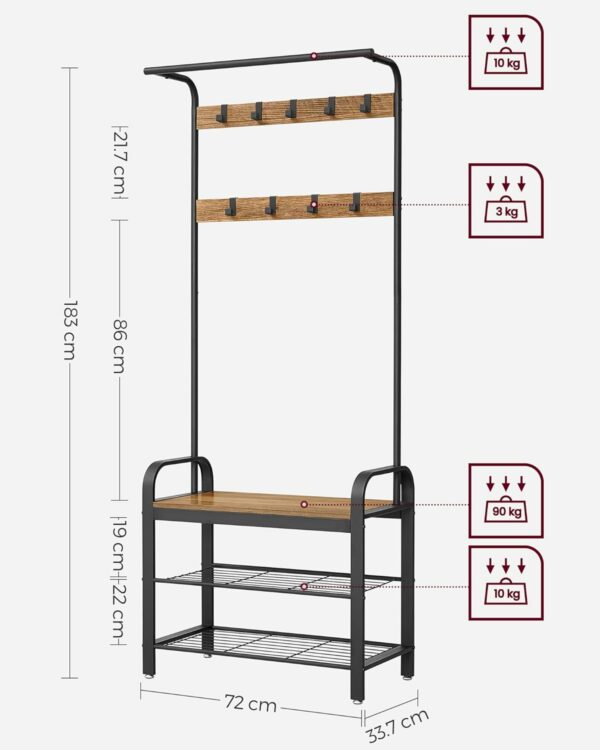VASAGLE Cuier pentru haine, cu banc de depozitare a pantofilor, cu 9 carlige detasabile, o sina pentru haine, 34x72x183cm, industrial, nuc rustic si negru - Image 3