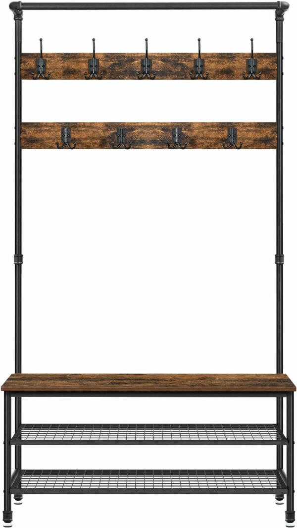 VASAGLE Ruhaakasztó 9 akasztóval és cipőtartóval, ipari stílusú, acél váz, 100x42x182 cm - Image 2