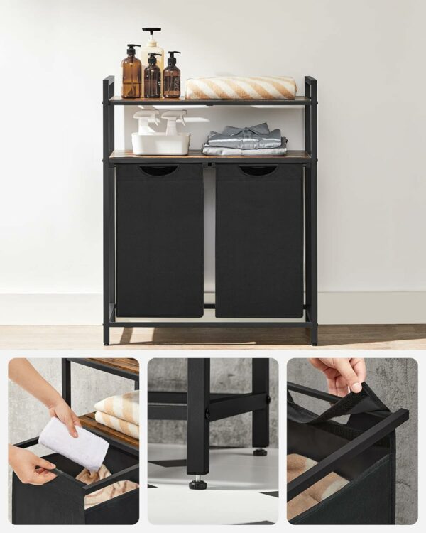 VASAGLE Cos de rufe, cu 2 saci detasabili, 2 rafturi, capacitate de 46L per sac, 73x33x72cm , maro rustic si negru - Image 5