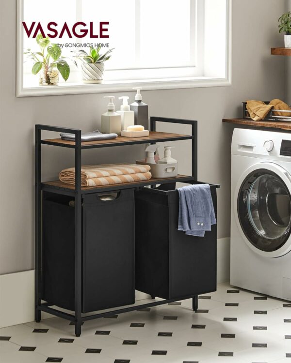 VASAGLE Cos de rufe, cu 2 saci detasabili, 2 rafturi, capacitate de 46L per sac, 73x33x72cm , maro rustic si negru - Image 6
