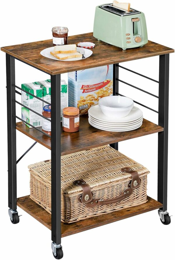 VASAGLE Raft de bucatarie pe roti, carucior de servire cu 3 rafturi, cadru metalic, 40x60x89cm design industrial, maro rustic - Image 8
