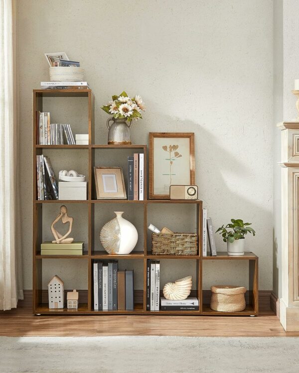 VASAGLE Biblioteca cu 10 compartimente, unitate de depozitare pentru decoratiuni, din lemn, 29x129x129cm, maro rustic - Image 8