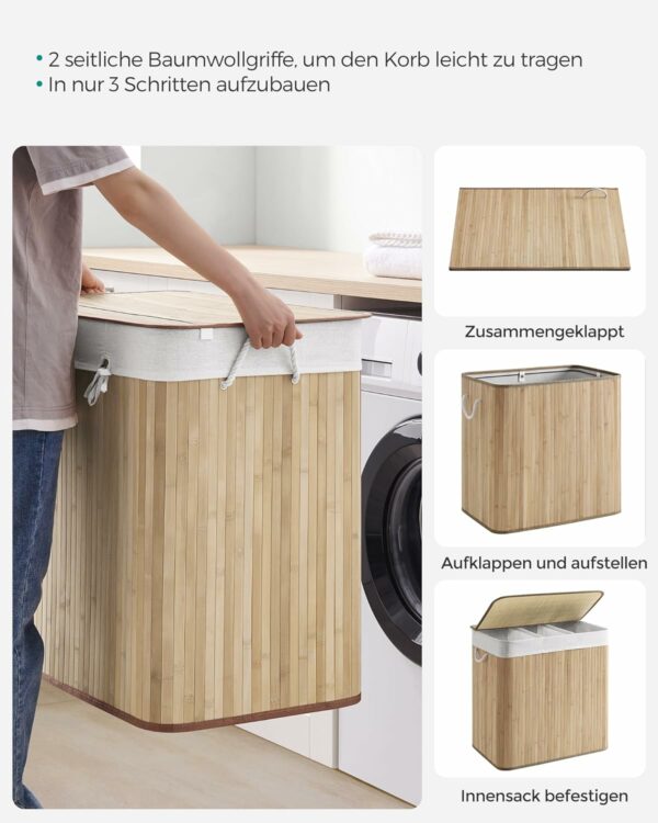 SONGMICS Bambusz szennyeskosár, összecsukható, kivehető mosható béléssel, 3 rekeszes, 150L, ​​60x40x60cm, natúr - Image 9