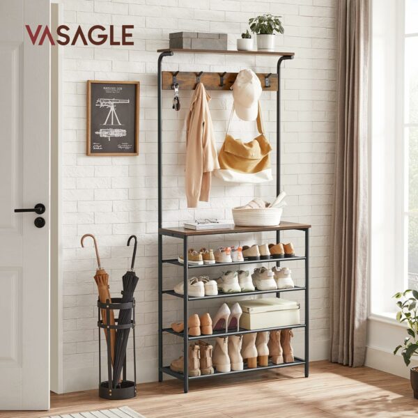 VASAGLE Előszobai fogas cipőtárolóval, 5 szint, 5 dupla akasztó, polc, 80x31x183cm, ipari, rusztikus barna és fekete - Image 3