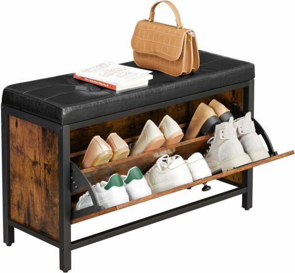 VASAGLE Banca cu organizator pantofi, cu clapeta, 30x80x51cm, industrial vintage, maro cu negru - Image 3