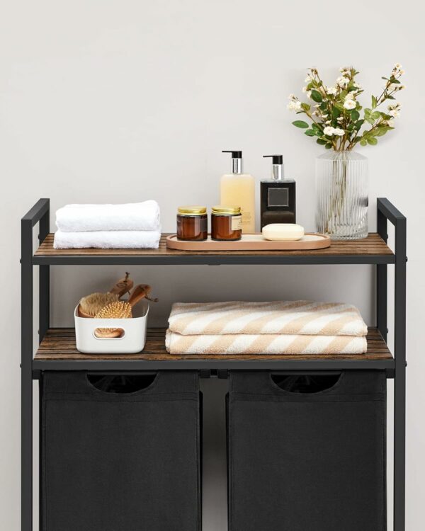 VASAGLE Cos de rufe, cu 2 saci detasabili, 2 rafturi, capacitate de 46L per sac, 73x33x72cm , maro rustic si negru - Image 7