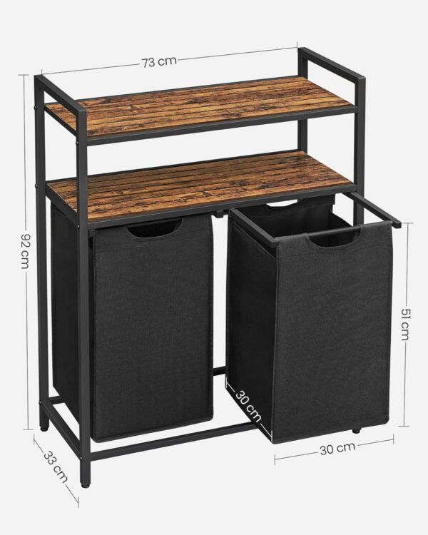 VASAGLE Cos de rufe, cu 2 saci detasabili, 2 rafturi, capacitate de 46L per sac, 73x33x72cm , maro rustic si negru - Image 9