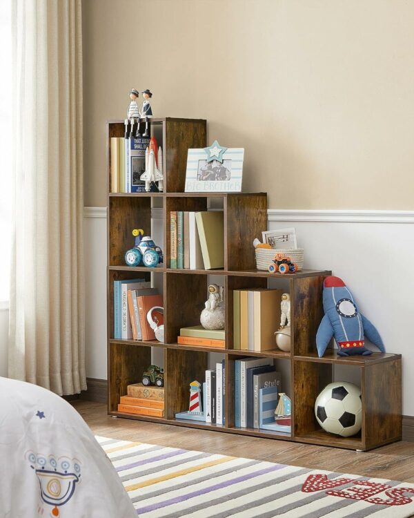 VASAGLE Biblioteca cu 10 compartimente, unitate de depozitare pentru decoratiuni, din lemn, 29x129x129cm, maro rustic - Image 9
