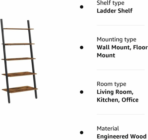 (DL) VASAGLE Raft tip scara, 5 niveluri, din otel, sprijinit de perete, 64x34x186cm, industrial, maro rustic si negru - Image 9