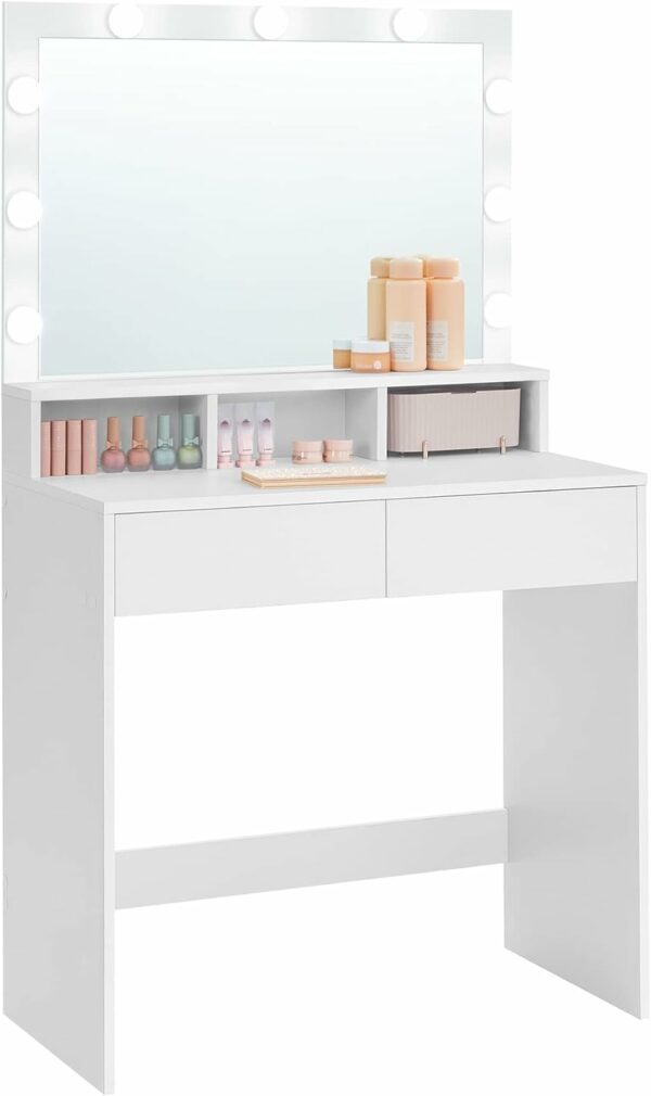 VASAGLE Masa de toaleta cu oglinda, iluminare LED, 2 sertare si 3 compartimente deschise, 80x40x140cm, modern, alb - Image 9