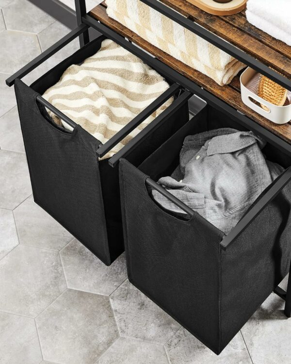 VASAGLE Cos de rufe, cu 2 saci detasabili, 2 rafturi, capacitate de 46L per sac, 73x33x72cm , maro rustic si negru - Image 10