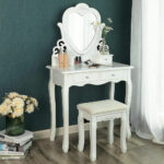 Set Masa de toaleta si machiaj cu taburet Amore, alba, cu 4 sertare si oglinda, 75x40x138 cm
