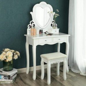 Set Masa de toaleta si machiaj cu taburet Amore, alba, cu 4 sertare si oglinda, 75x40x138 cm