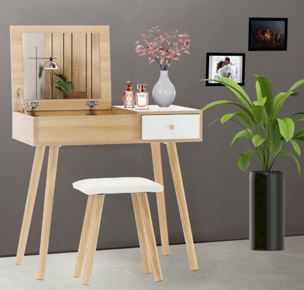 Set Masa de toaleta si machiaj cu taburet Brescia, maro, cu sertar si oglinda, 80x40x114cm - Image 2