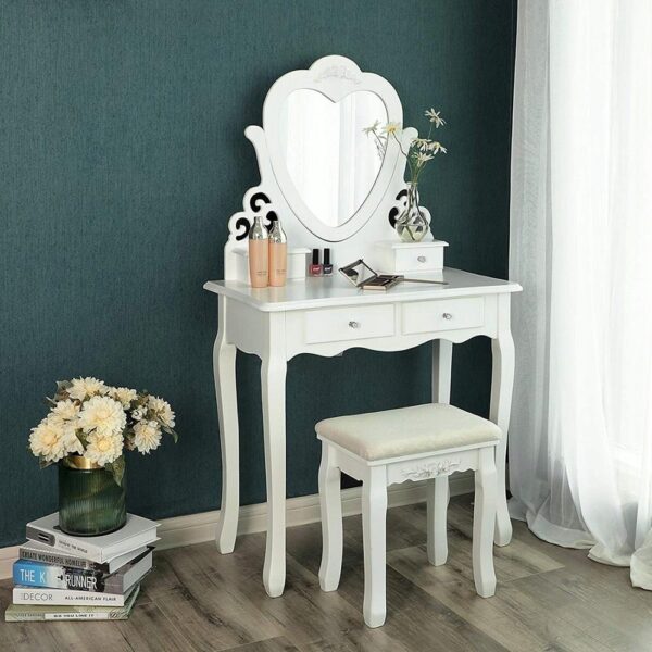 Set Masa de toaleta si machiaj cu taburet Amore, alba, cu 4 sertare si oglinda, 75x40x138 cm - Image 4