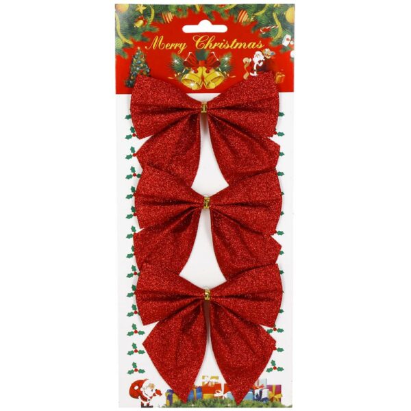 Set 3 ornamente pentru bradul de Craciun, fundita, 11cm, rosu - Image 2