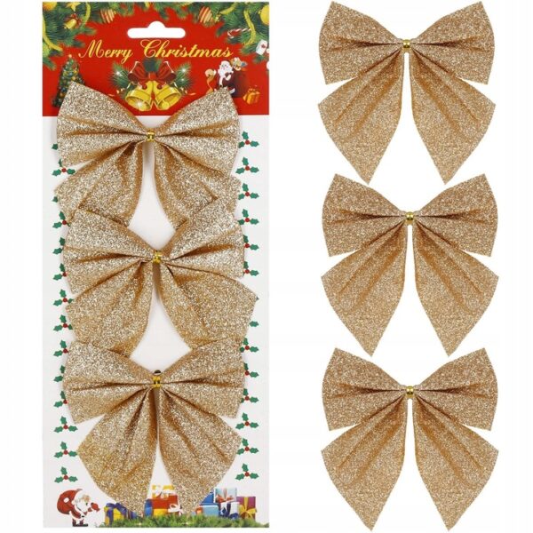 Set 3 ornamente pentru bradul de Craciun, fundita, 11cm, auriu - Image 2
