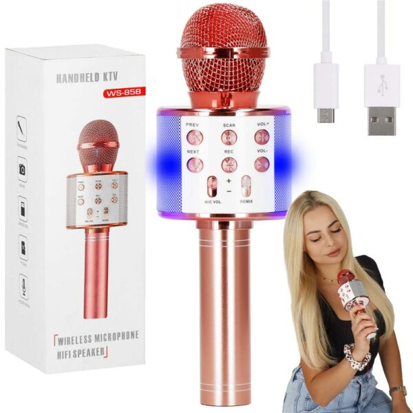 Gyermek karaoke mikrofon, vezeték nélküli, akkumulátorral, iOS és Android kompatibilis, hangváltó funkcióval, rózsaszín - Image 15
