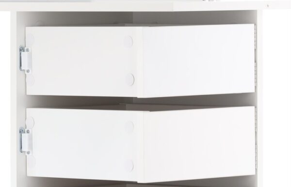 Sarok fésülködőasztal, tükörrel és polcokkal, 5 praktikus fiók zsanérokkal, 111x54x142cm, fehér - Image 6