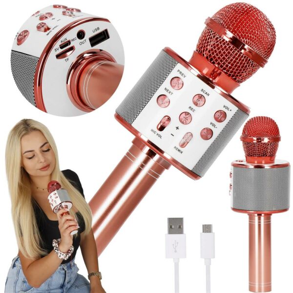Gyermek karaoke mikrofon, vezeték nélküli, akkumulátorral, iOS és Android kompatibilis, hangváltó funkcióval, rózsaszín - Image 20