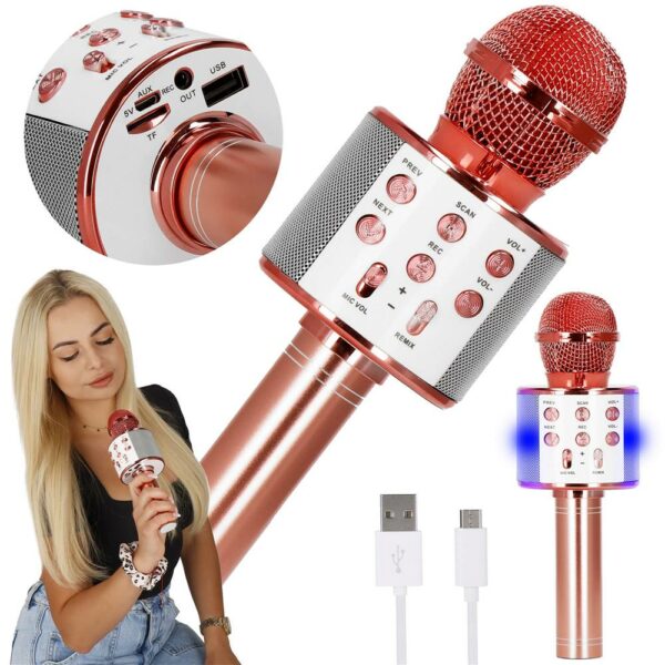 Gyermek karaoke mikrofon, vezeték nélküli, akkumulátorral, iOS és Android kompatibilis, hangváltó funkcióval, rózsaszín - Image 21