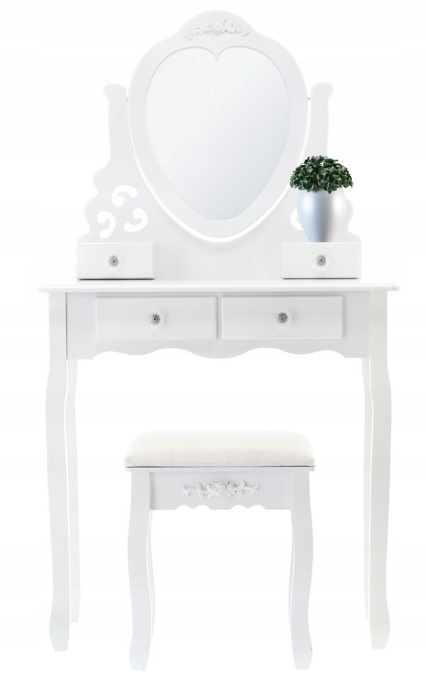 Set Masa de toaleta si machiaj cu taburet Amore, alba, cu 4 sertare si oglinda, 75x40x138 cm - Image 5
