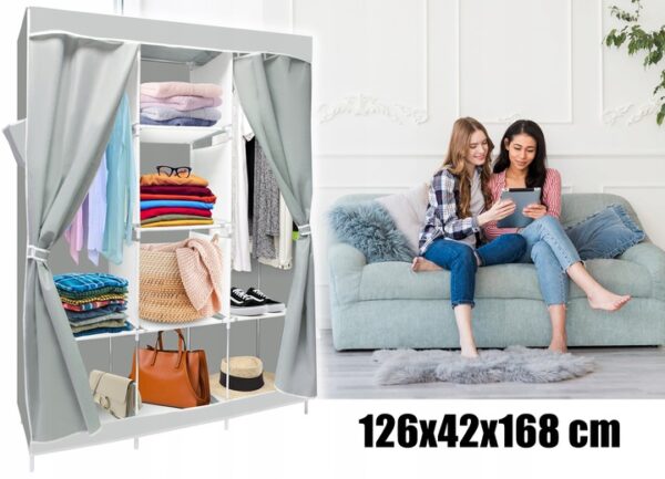 Garderoba din material textil, dulap portabil, cu rafturi, 126x42x168cm, gri - Image 4