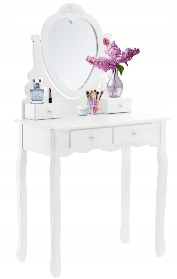 Set Masa de toaleta si machiaj cu taburet Amore, alba, cu 4 sertare si oglinda, 75x40x138 cm - Image 3