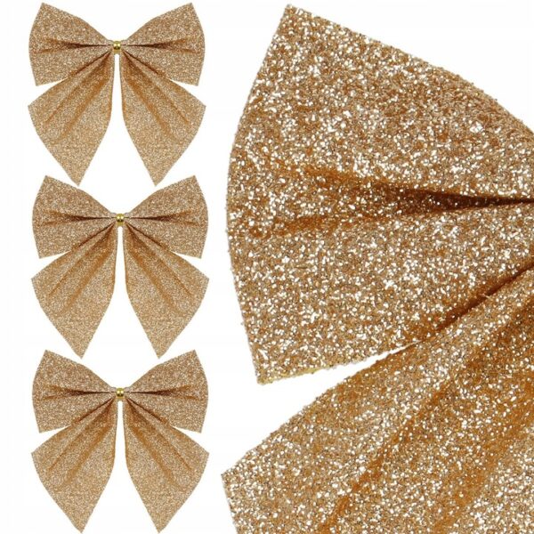 Set 3 ornamente pentru bradul de Craciun, fundita, 11cm, auriu - Image 5