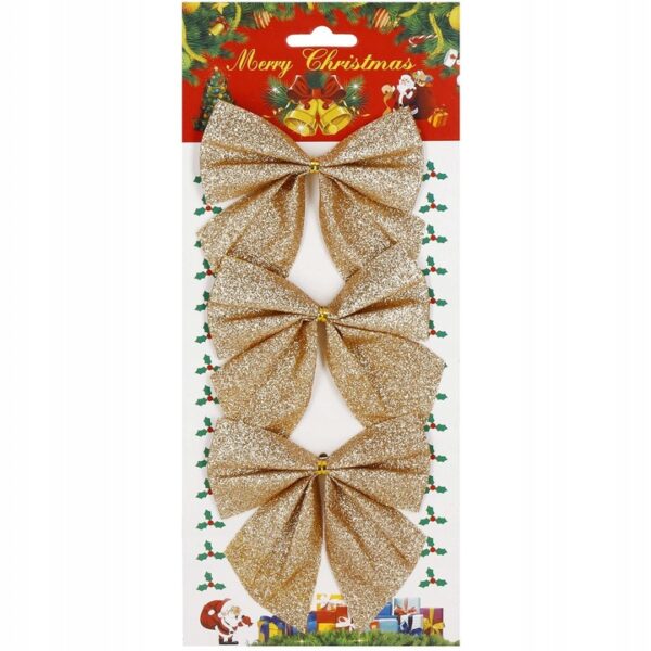 Set 3 ornamente pentru bradul de Craciun, fundita, 11cm, auriu - Image 3