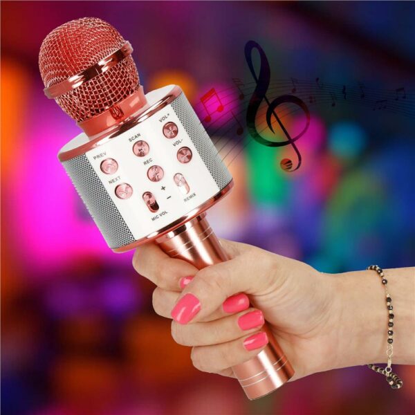 Gyermek karaoke mikrofon, vezeték nélküli, akkumulátorral, iOS és Android kompatibilis, hangváltó funkcióval, rózsaszín - Image 9