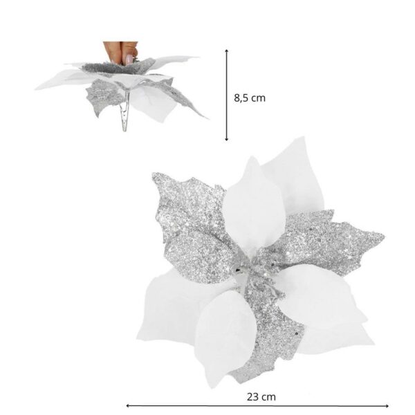 5 db-os karácsonyfa díszkészlet, Mikulásvirág csillag, 23cm, fehér ezüst - Image 9