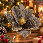 5 db-os karácsonyfa díszkészlet, Mikulásvirág csillag, 23 cm, aranyszürke