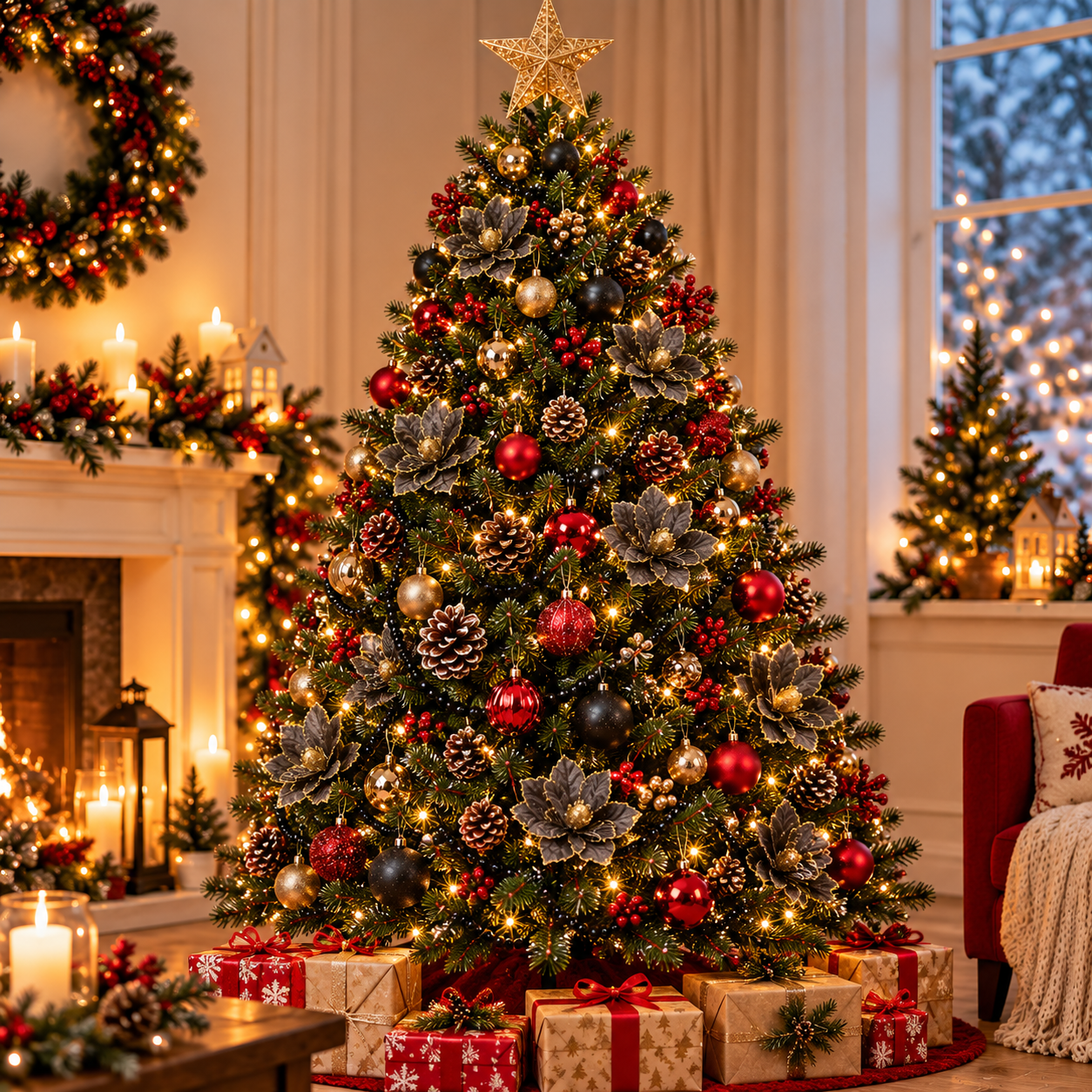 5 db-os karácsonyfa díszkészlet, Mikulásvirág csillag, 23 cm, aranyszürke - Image 15
