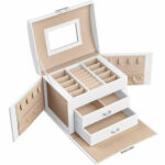 SONGMICS Ékszerdoboz 3 szintes, tükör, fogantyús zár, 2 fiók, 14x18x14cm, fehér