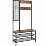 VASAGLE Cuier pentru haine cu banca, 2 polite pantofi, 9 carlige, cu perete grilaj, 185x98x40cm, vintage, maro inchis