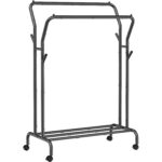 SONGMICS Ruhatartó állvány kerekeken, polccal, dupla rúddal, fém vázzal, teherbírás 100 kg, 53x104x155 cm, fekete