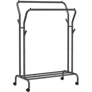 SONGMICS Suport pentru haine pe roti, cu polita, sina dubla, cadru metalic, sarcina 100kg, 53x104x155cm, negru
