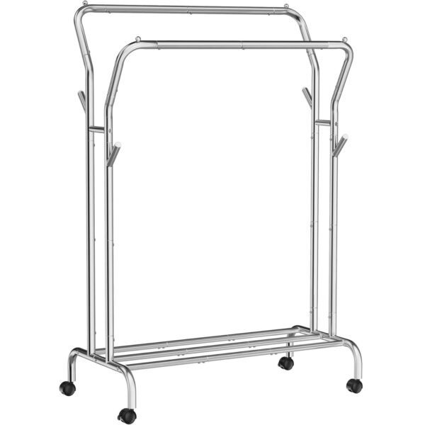 SONGMICS Kerekes ruhaállvány polccal, dupla sínnel, fém vázzal, teherbírás 100kg, 53x104x155cm, ezüst rozsdamentes acél