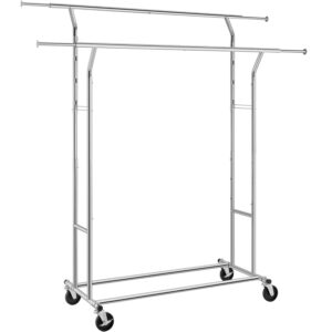 SONGMICS Suport pentru haine pe roti, sina dubla extensibila, din inox cromat, sarcina 100kg, 129x55x148cm, argintiu