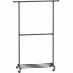 SONGMICS Ruhatartó állvány polccal és 2 akasztórúddal, fém vázzal, kerekeken, 130x49x198 cm, ipari stílus, fekete