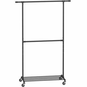 SONGMICS Suport pentru haine, cu raft si 2 sine de agatat, cadru metalic, cu roti, 130x49x198cm, industrial, negru